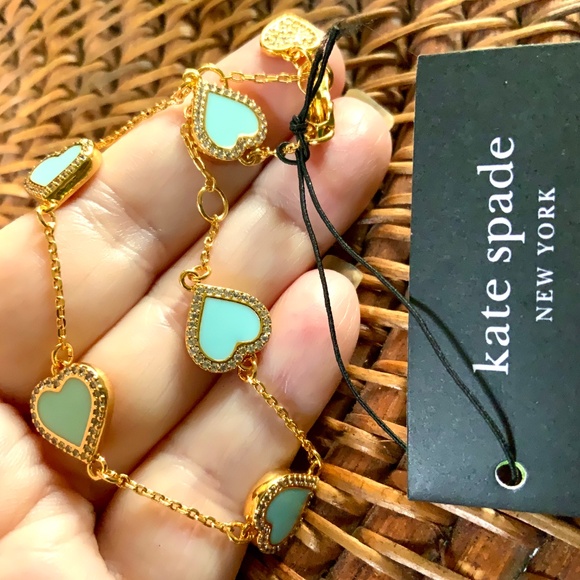 KATE SPADE BRACELET ⭐️TAKE HEART PAVE CRYSTAL- MINT ENAMEL CZ GOLD TONE-Pierced - Picture 5 of 16